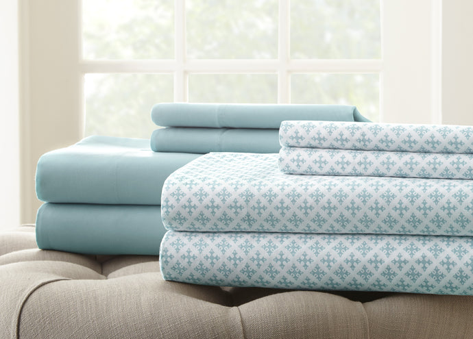 8 Piece Printed/Solid Sheet Set-Soft Blue-King