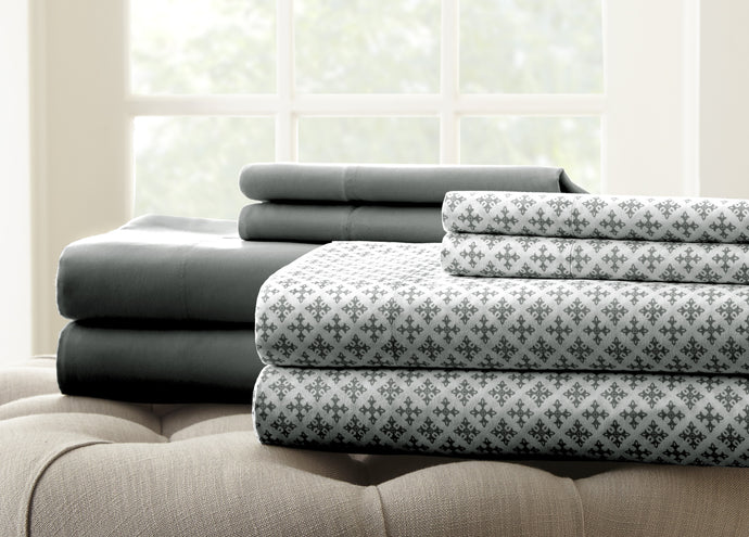 8 Piece Printed/Solid Sheet Set Dark Grey King
