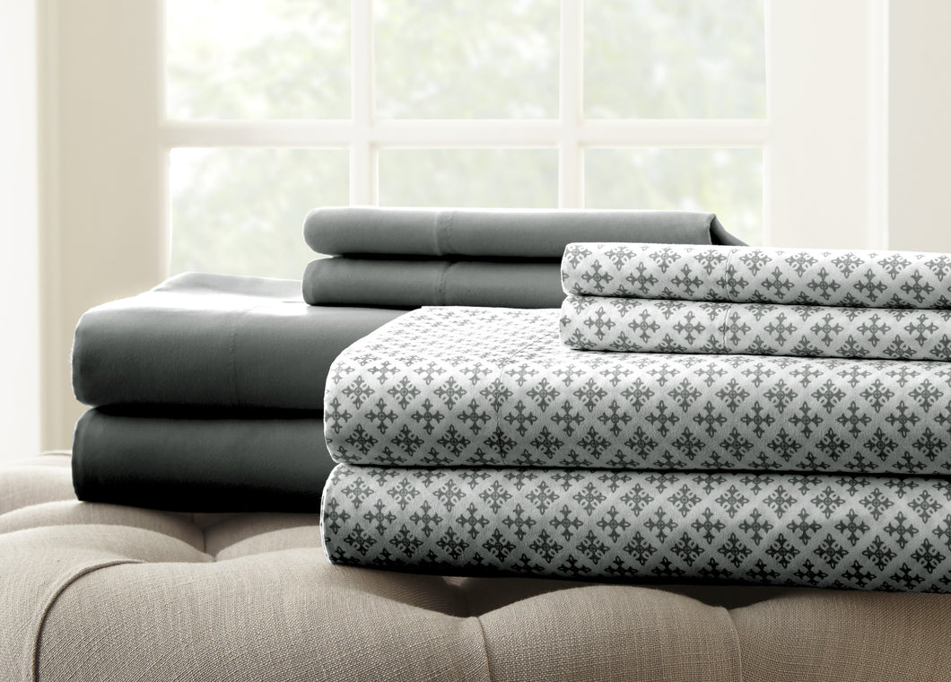 8 Piece Printed/Solid Sheet Set Dark Grey California King