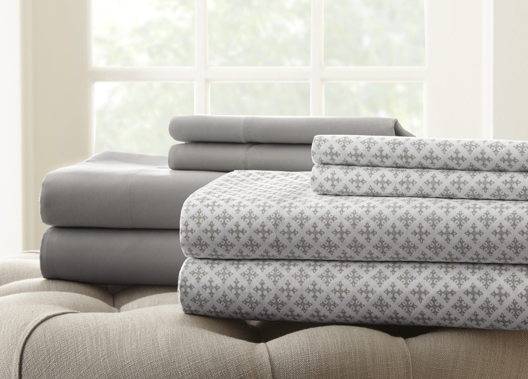 8 Piece Printed/Solid Sheet Set Light Grey King