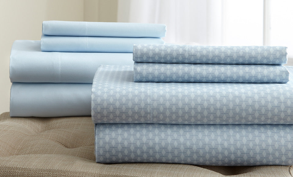 8 Piece Printed/Solid Sheet Set Soft Blue-King