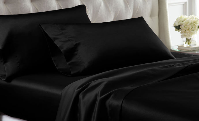 4 Piece solid satin Sheet Set Black Queen