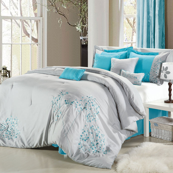 Chic Home Sakura 8-Piece Embroidered Comforter Set, Gray Queen