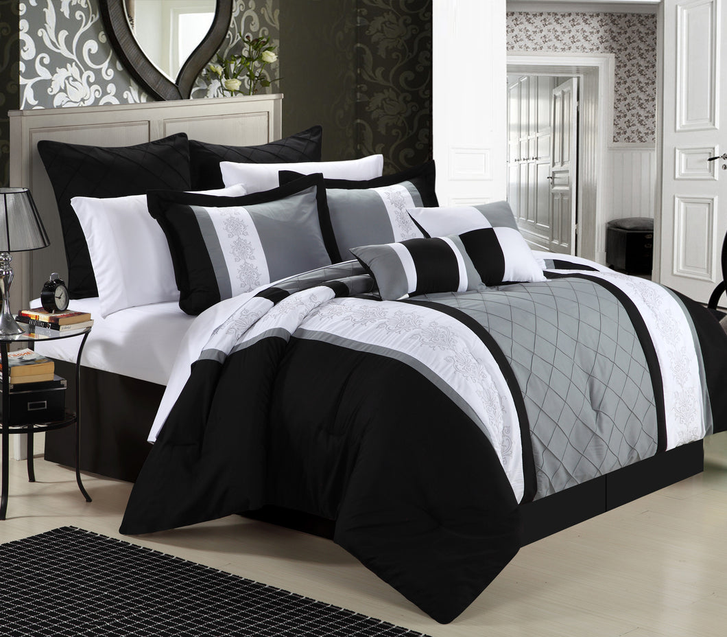Chic Home Bryce 8-Piece Embroidered Comforter Set, Black Queen