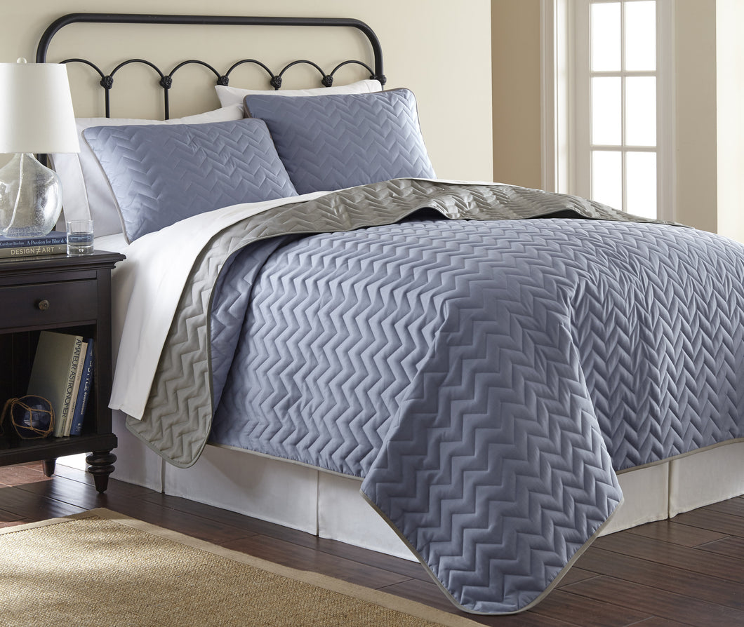 3 Piece solid Reversible Chevron Coverlet Set  Denim/Silver Queen