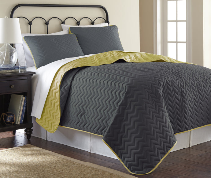 3 Piece solid Reversible Chevron Coverlet Set  Steel Gray/Bamboo Queen