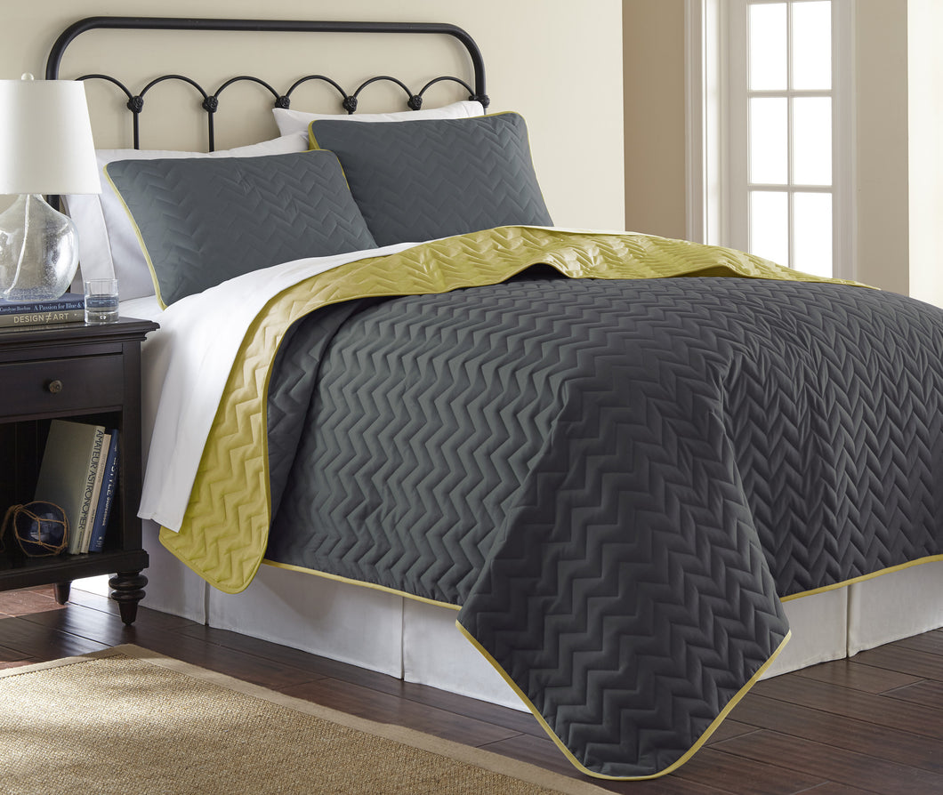 3 Piece solid Reversible Chevron Coverlet Set  Steel Gray/Bamboo King