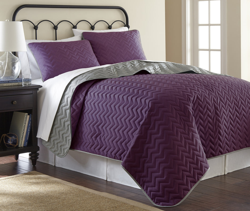 3 Piece solid Reversible Chevron Coverlet Set  Vintage Violet/Silver Queen