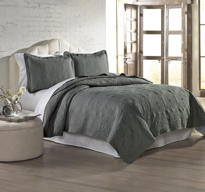 3 Piece Solid EmbroideRed quilt Set Full/Queen Charcoal