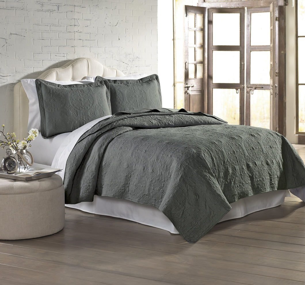 3 Piece Solid EmbroideRed quilt Set Full/Queen Charcoal