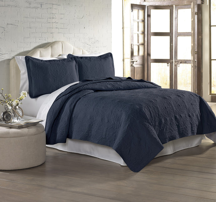3 Piece Solid EmbroideRed quilt Set King Indigo
