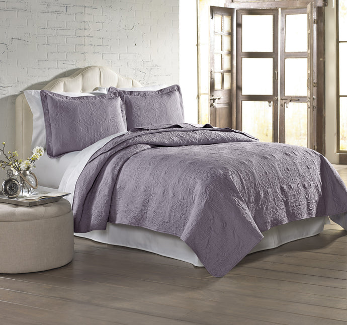 3 Piece Solid EmbroideRed quilt Set King Lavender