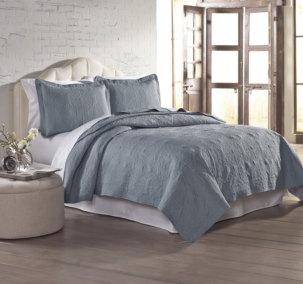 3 Piece Solid EmbroideRed quilt Set King Slate