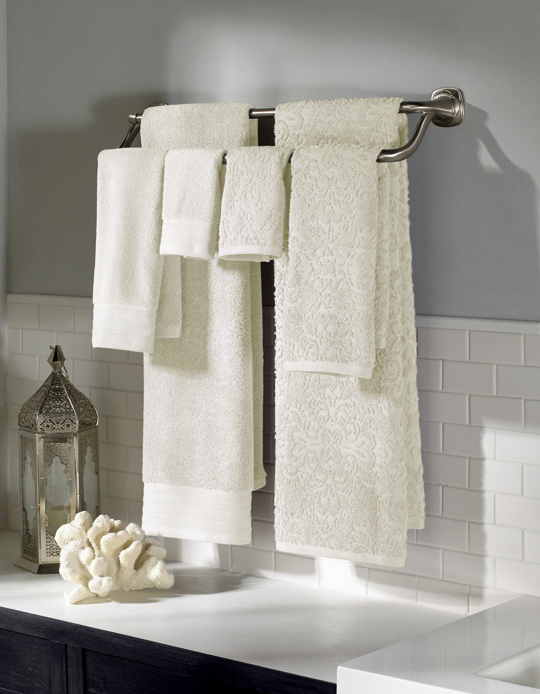 6 piece Jacquard/Solid towel set Boho Ivory