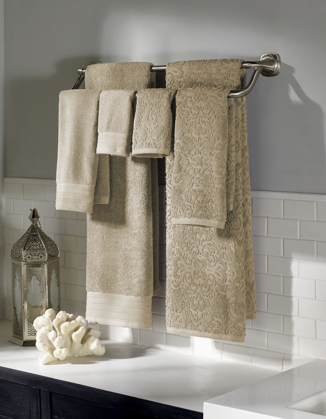 6 piece Jacquard/Solid towel set Boho Taupe