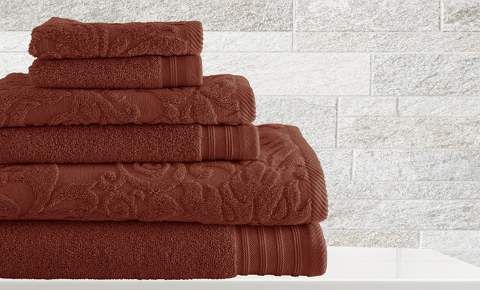6 piece Jacquard/Solid towel set Leaf Swirl Cinnamon