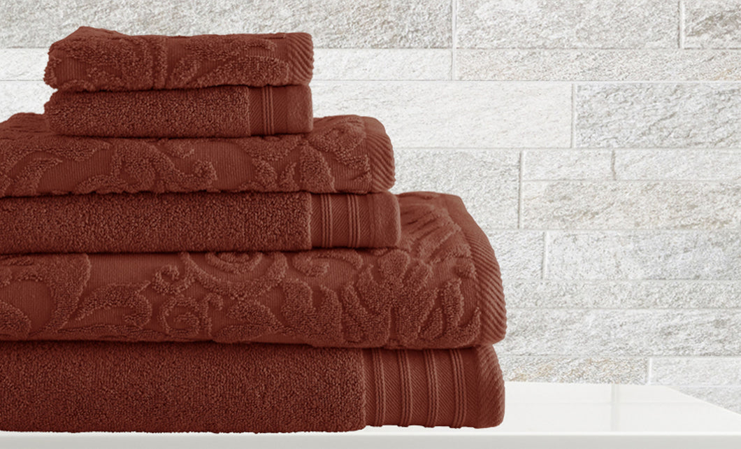6 piece Jacquard/Solid towel set Leaf Swirl Cinnamon