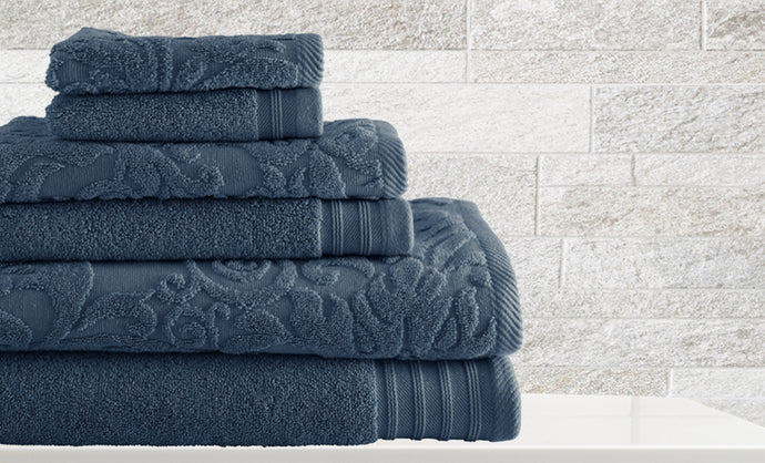 6 piece Jacquard/Solid towel set Leaf Swirl Denim