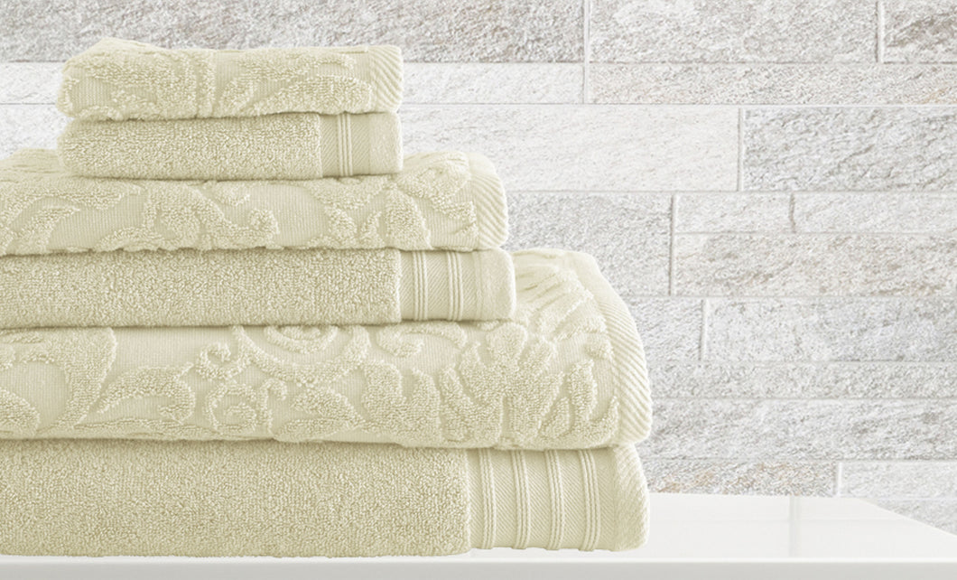 6 piece Jacquard/Solid towel set Leaf Swirl Ivory