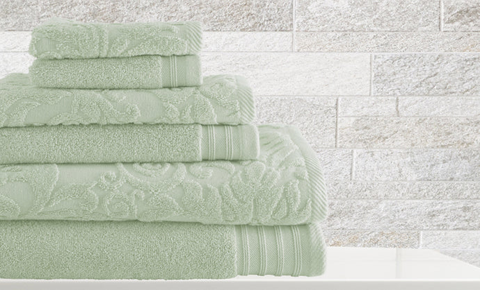 6 piece Jacquard/Solid towel set Leaf Swirl Soft Jade