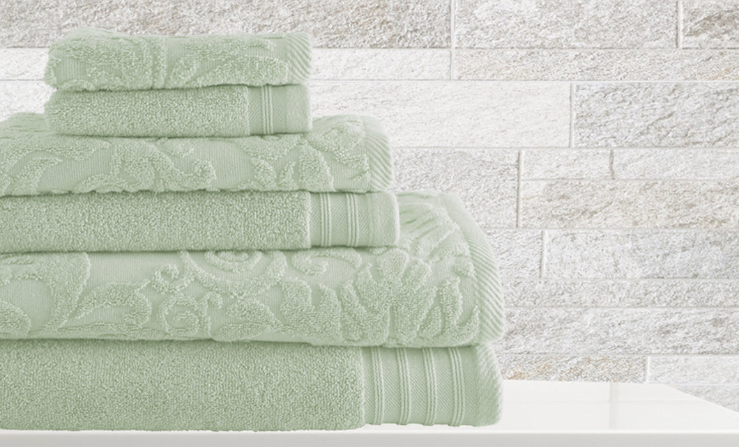 6 piece Jacquard/Solid towel set Leaf Swirl Soft Jade