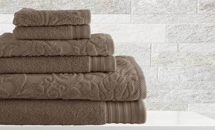 6 piece Jacquard/Solid towel set Leaf Swirl Mocha