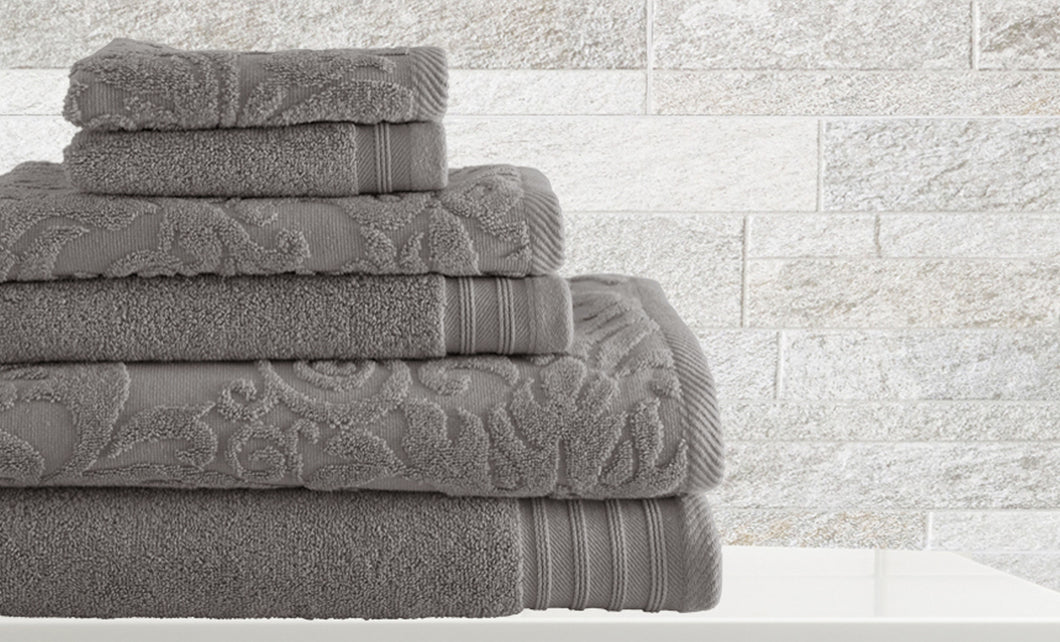 6 piece Jacquard/Solid towel set Leaf Swirl Platinum