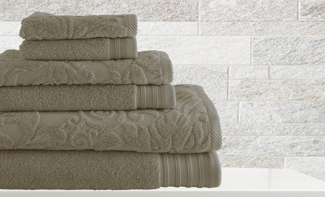 6 piece Jacquard/Solid towel set Leaf Swirl Taupe