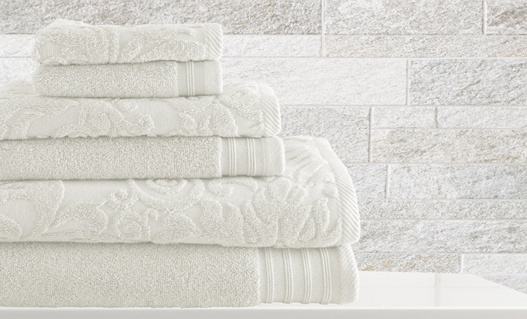 6 piece Jacquard/Solid towel set Leaf Swirl White