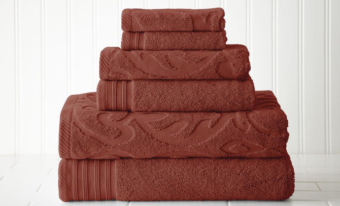 6 piece Jacquard/Solid towel set-Medallion Swirl-Apricot