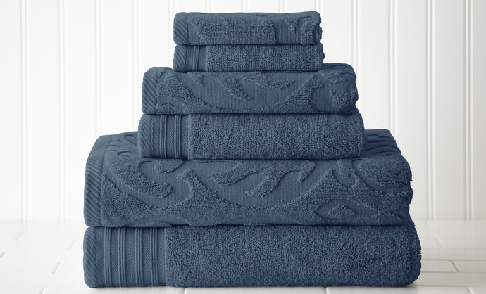 6 piece Jacquard/Solid towel set-Medallion Swirl-Denim