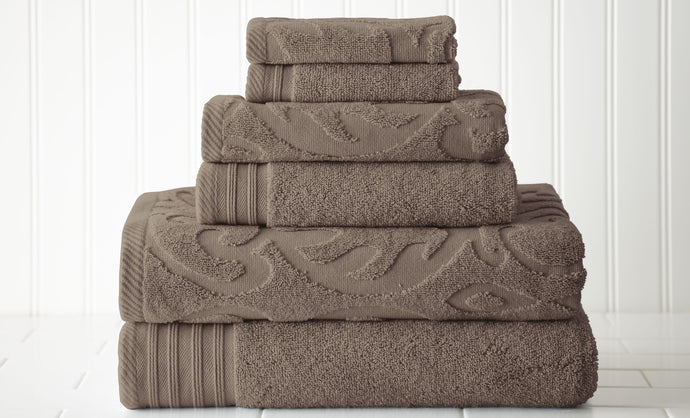 6 piece Jacquard/Solid towel set-Medallion Swirl-Mocha