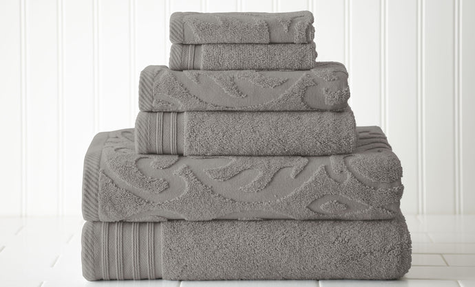 6 piece Jacquard/Solid towel set-Medallion Swirl-Platinum