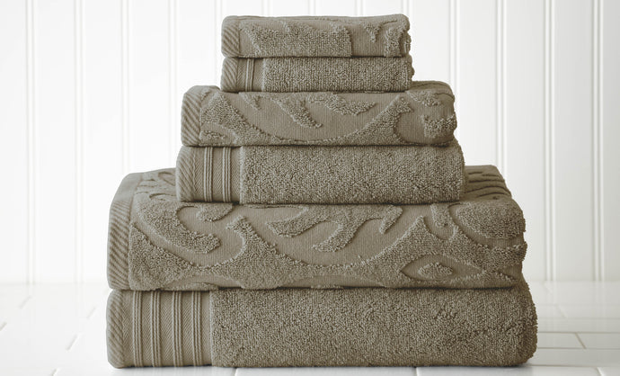 6 piece Jacquard/Solid towel set-Medallion Swirl-Taupe