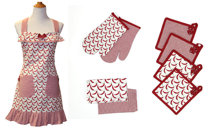 9 Piece 100% Cotton Apron Set Red Chilli