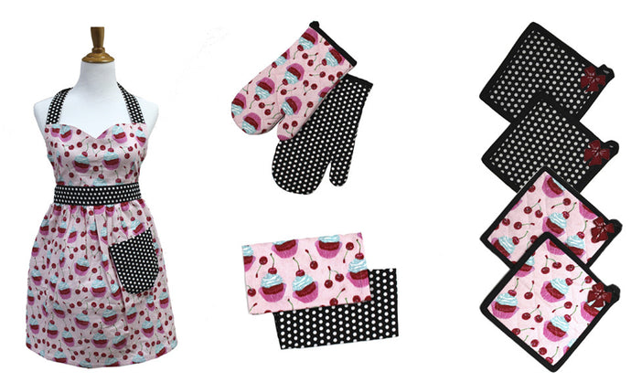 9 Piece 100% Cotton Apron Set Cupcake