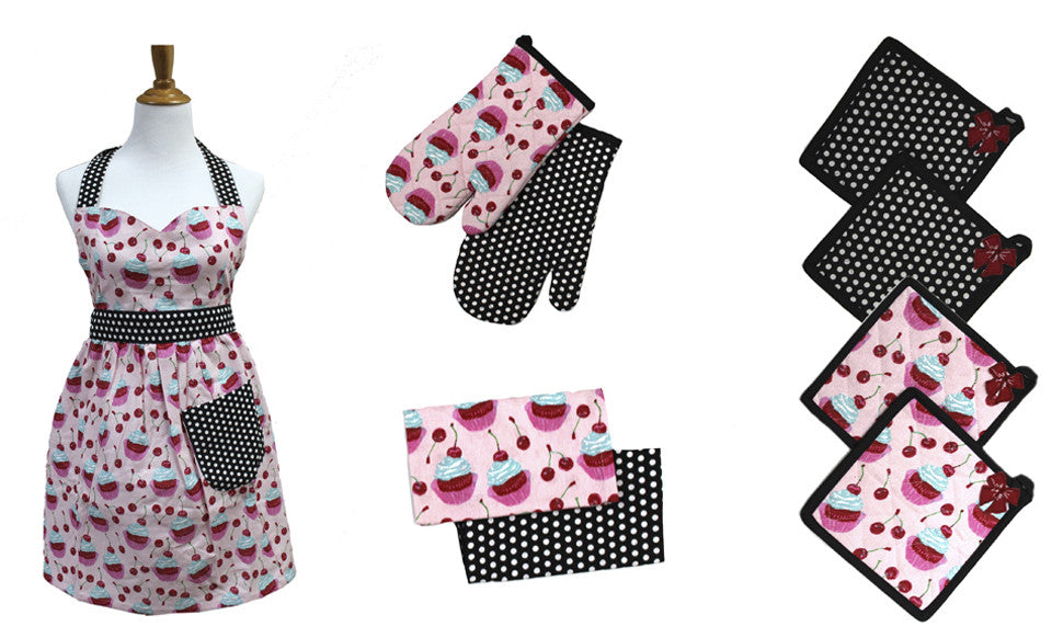 9 Piece 100% Cotton Apron Set Cupcake