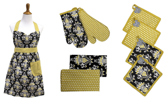 9 Piece 100% Cotton Apron Set Damask