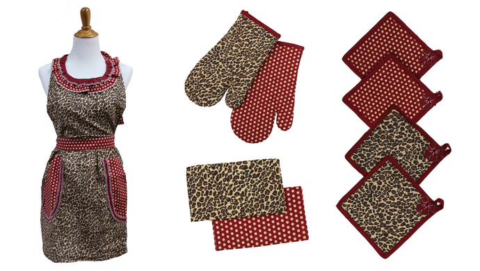 9 Piece 100% Cotton Apron Set Leopard
