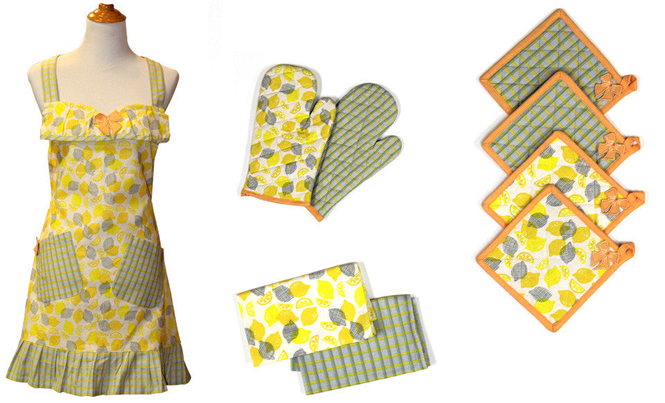 9 Piece 100% Cotton Apron Set Lemon