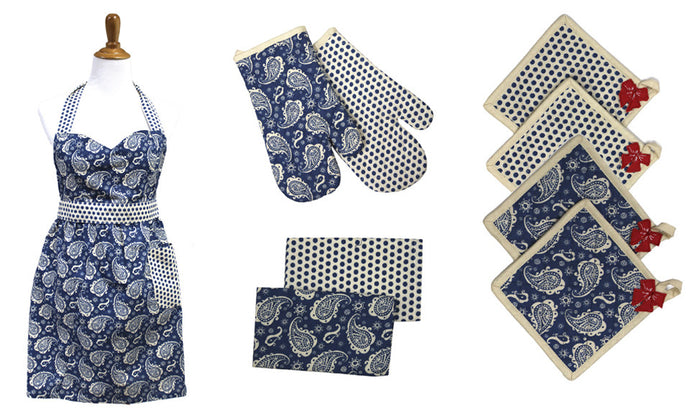 9 Piece 100% Cotton Apron Set Paisley