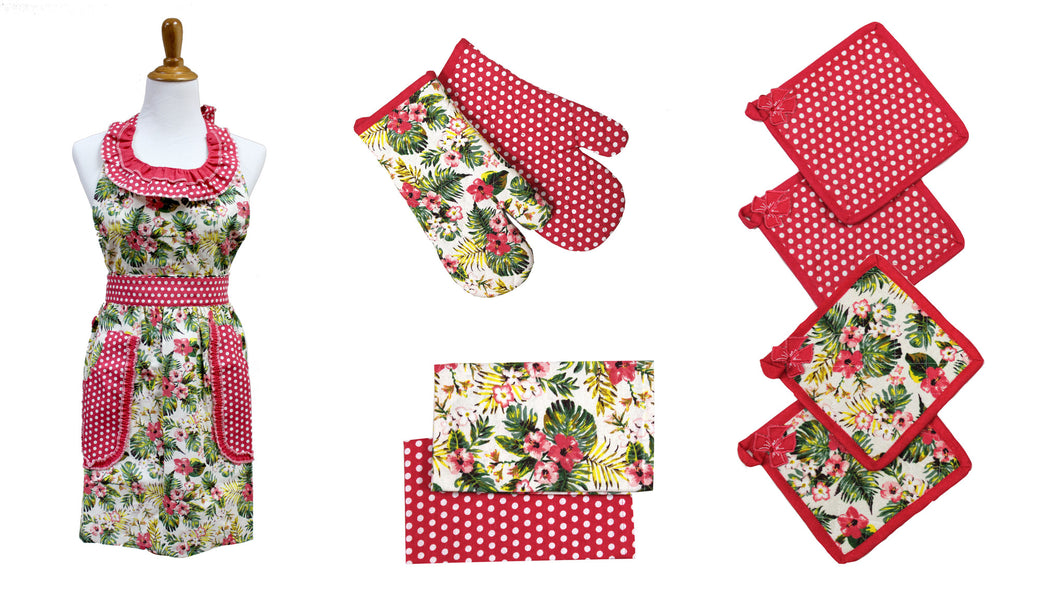 9 Piece 100% Cotton Apron Set Hawaiian Tropics