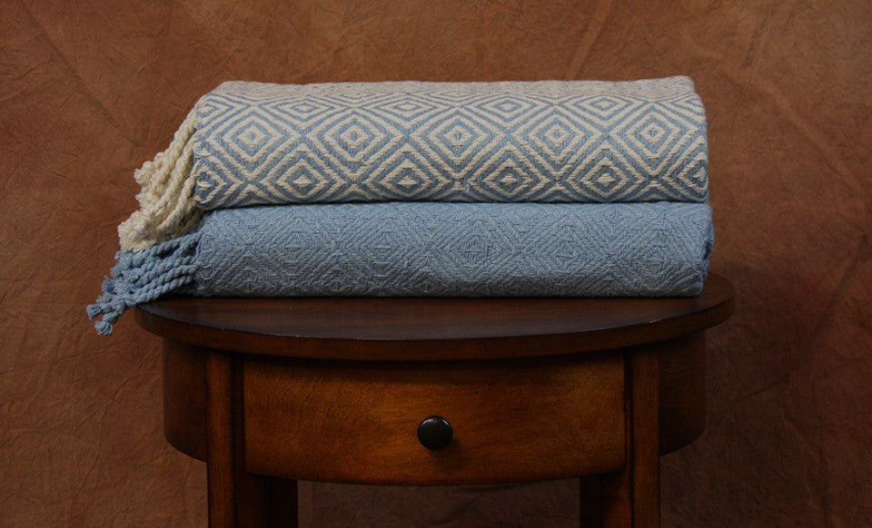 2 Pack 100% Cotton throws  Multi Diamond Ivory/Denim