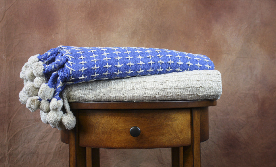 2 Pack 100% Cotton throws - Cross-Stitch- Ivory/Blue