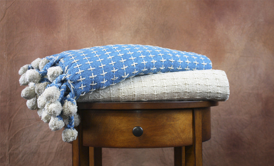 2 Pack 100% Cotton throws - Cross-Stitch- Ivory/Sky