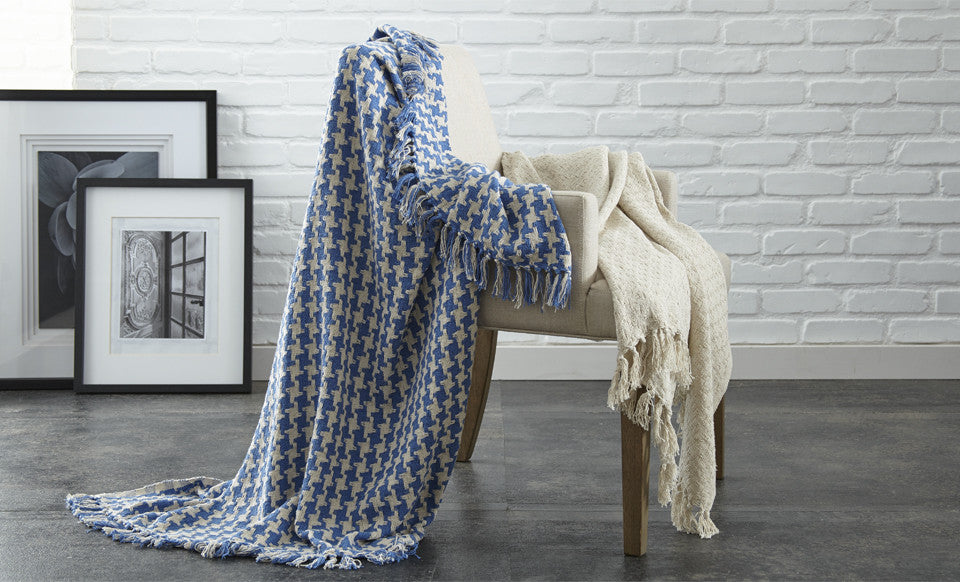 2 Pack 100% Cotton throws - Houndstooth- Ivory/Sky