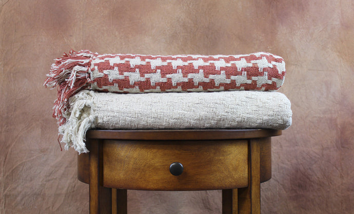 2 Pack 100% Cotton throws - Houndstooth- Ivory/Spice