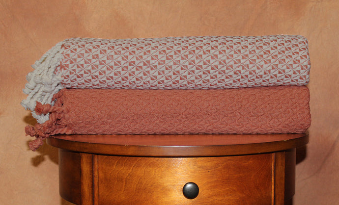 2 Pack 100% Cotton throws - Mosaic- Ivory/Brick