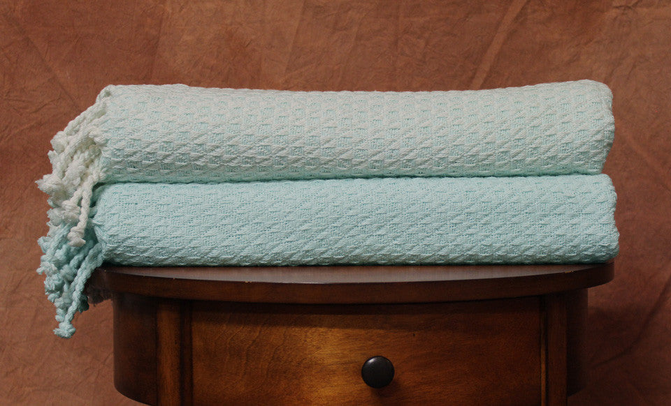 2 Pack 100% Cotton throws - Mosaic- Ivory/Sky Blue