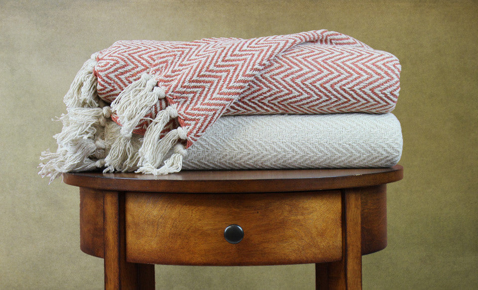 2 Pack 100% Cotton throws - Chevron- Ivory/Spice